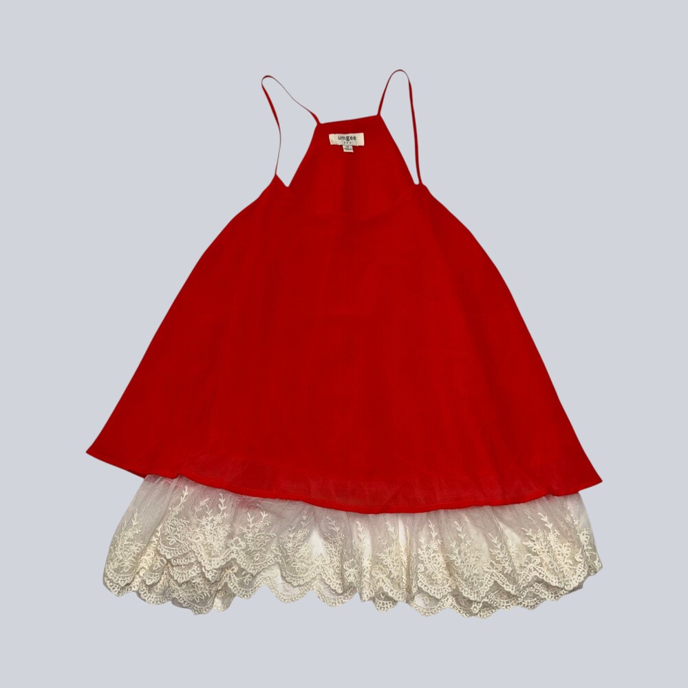 Umgee Women’s Medium Red Lace Hem Babydoll Cami Tunic Top Spaghetti Strap